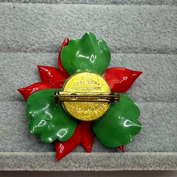 Vintage Brooch Cara Staffordshire Poinsettia England Red Porcelain Pin w FLAWS - Picture 9 of 15